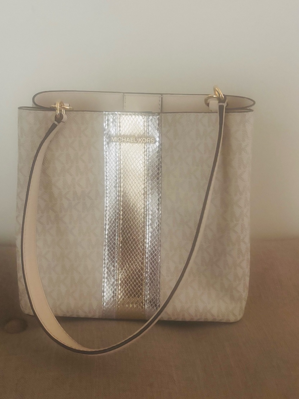 Michael Kors Cream Tote with Metallic Gold Center Stripe